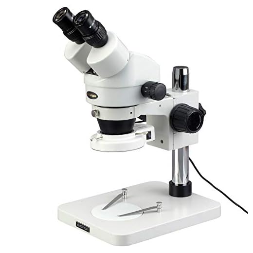 AmScope SM-1BSX-64S Professional Binocular Stereo Zoom Microscope, WH10x Eyepieces, 3.5X-45X Magnification, 0.7X-4.5X Zoom Objective, 64-Bulb LED Ring Light, Pillar Stand, 110V-240V, Includes 0.5x Barlow Lens