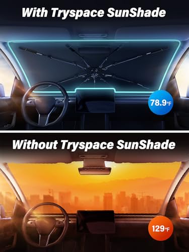 [2025 Upgrade] TrySpace Car Windshield Sun Shade Umbrella - [Silver Heat Shield & UV Reflective] Protector for Cars, Universal Fit Medium (56