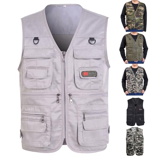 Angelwesten für Herren, leichte Weste mit Taschen, Outdoor-Weste, multifunktionale Baumwollweste, Sportweste, Reißverschlusstaschen, Wanderweste, durchgehender Reißverschluss, ärmellose Jacke, Schwarz