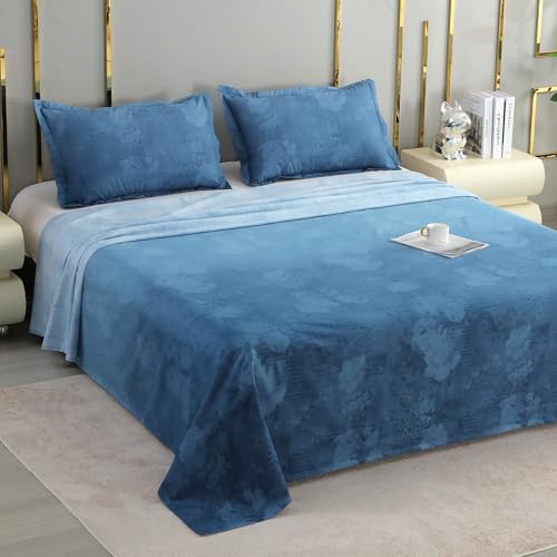 Image of Story@Home Luxe 400 TC Sateen Weave 100% Cotton Bedsheet King 270 cm x 270 cm Ombre Printed Soft Flat Sheet with 2 Pillow Covers 18 x 27 Inch Sea Blue-Gift Packaging