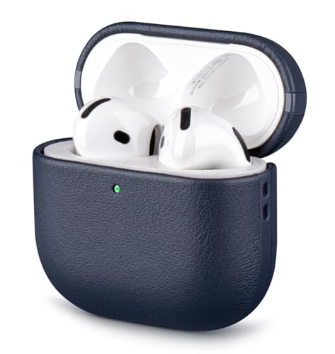 LOPIE Leather Case for AirPods 4 - Handmade AirPods 4th Generation Case Cover with Lanyard - Made of Full Grain Leather - Air Pod Drop Protection Hard Shell Cover - Wireless Charging Compatible - Blue