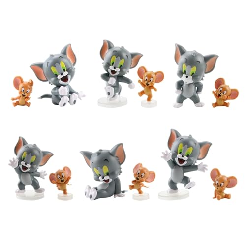 Image of Gifts - Tom & Jerry - Set of 6 Figures - Action Figure | Best Animated Most Loved Cartoon | 6.5cm | Cat & Mouse Partners | Cake Toppers | Room Garden | Red Base not Included