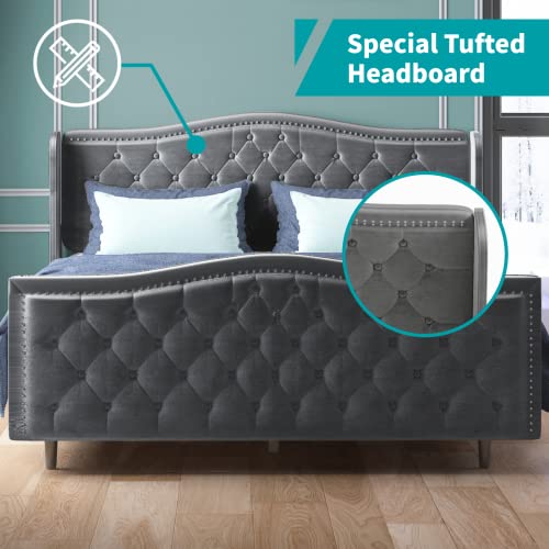Balus Full Wingback Bed Frame With Headboard,Upholstered Platform Bed Frame Dutch Velvet Upholstered Bed，Modern Design，Available In 3 Sizes And 3 Colors Panel Bed Frame (Dark Gray) #TOP4