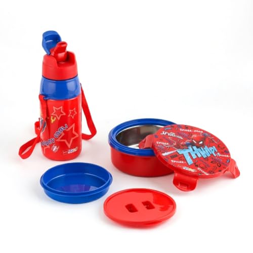 Image of CELLO Kidzbee Star Gift Set Combo for School Kids, Red | 3D Touch & Feel Spiderman Design Airtight Clip Lock Insulated Lunch Box 390ml with Leak Proof Flip Top Sipper Water Bottle for Kids Boys Girls
