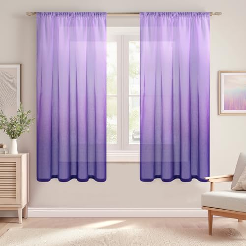 DWCN Cortinas Visillo Morado, Visillo Degradado con Cinta Fruncidora, con Sistema de Riel Aéreo, Cortas para Habitación Infantil, Salón, Dormitorio, Cocina, 140x175cm, Lote de 2