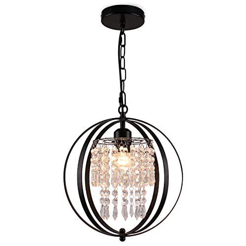Vintage 11.8" Globe Crystal Chandelier Orb Chandeliers Pendant Lighting Spherical Hanging Lights Industrial Round Ceiling Light Fixtures For Kitchen Closet Dining Room Bedroom Farmhouse (Black) #TOP5