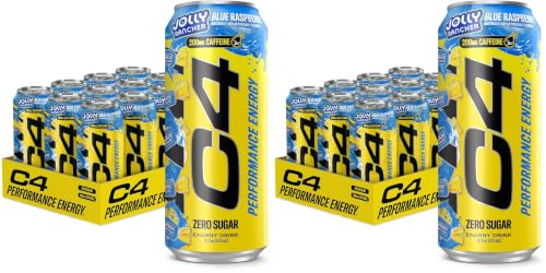 Image of C4 Performance Energy Drink | JOLLY RANCHER Blue Raspberry | Zero Sugar Carbonated Preworkout Energy | 200mg Caffeine with Beta Alanine | 16 Fl Oz (24 Pack)