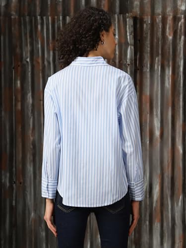 Image of High Star Women Cotton Striped Oversized Fit Collar Full Sleeves Shirts