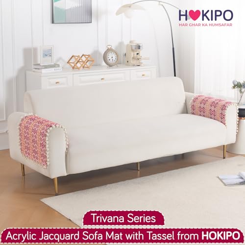 Image of HOKIPO Sofa Arm Cover with Tassel | 300 GSM Thick Cotton Acrylic Jacquard Armrest Mat, 50x70 cm, Pack of 2,'Trivana Series' Cherry Red (IN-931-J8*2)
