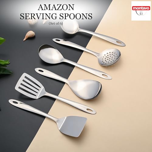 Image of Montavo by FnS 6 Pieces Stainless Steel Serving Tools Set | Rice Server, Gravy Ladle, Serving Spoon, Solid Turner, Skimmer & Slotted Turner | Kitchen Utensil Set for Home & Dining