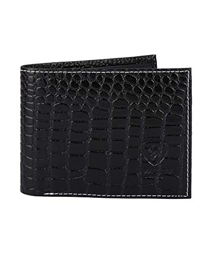 Image of Designer J Wilson Real Genuine Mens Leather Wallet Crocodile Look with Gift Box (Full Black)
