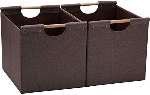 HOONEX Large Collapsible Storage Bins, Linen Fabric, 2 Pack, Storage Baskets with Wooden Carry Handles and Sturdy Heavy Cardboard, for Home, Office, Car, Nursery, Brown