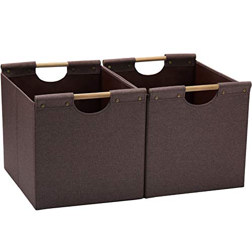 HOONEX Large Collapsible Storage Bins Linen Fabric 2 Pack Storage Baskets with Wooden Carry Handles and Sturdy Heavy Cardboard for Home Office Car Nursery Brown
