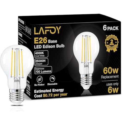 Image of Lafoy LED Edison Bulb 4000K Cool Bright White, Dimmable 60 Watt Equivalent A19 Globe Light Bulbs, Vintage E26 Medium Base Antique Style, 700 Lumen 60W Replacement, 120V 6 Pack