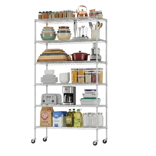BestOffice | 6-Tier Wire Shelf with Wheels | 45"x18"x82" | Chrome | Adjustable Racks | Heavy-Duty Storage Shelves, Holds Upto 510 lbs | Rust-Resistant, No-Tool Assembly | for Home, Garage Shelving