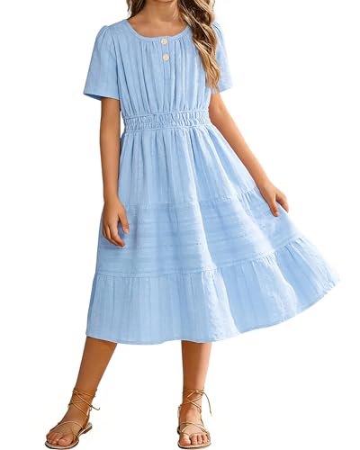 Coedody Tween Girls Summer Boho Dress Short Sleeve Tiered Smocked Solid Dresses Casual Sundress Blue 11-12 Years
