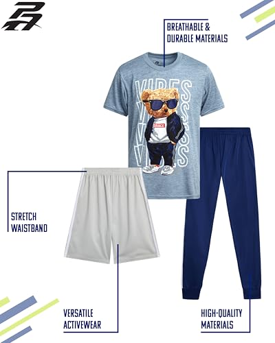Image of Pro Athlete Boys Pants Set - 3 Piece Active Short Sleeve Graphic Tees Athletic Shorts and Jogger Sweatpants for Boys