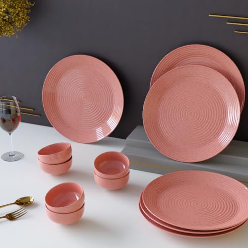 The Earth Store Spiral Pink Set of 12 Piece Ceramic Dinner Set, 6 Full Dinner Plates, 6 Vegetable Bowls | Microwave & Dishwasher Safe | Ceramic Plate | Katori