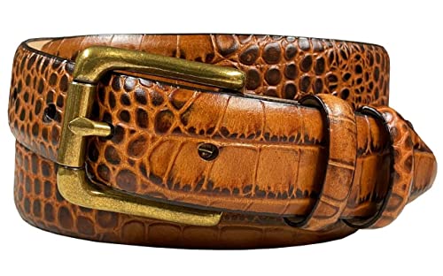 Arthur Men's Italian Calfskin Genuine Leather Dress Belt Solid Brass Roller Buckle 1-1/8"(30mm) Wide (Alligator Tan, 42)