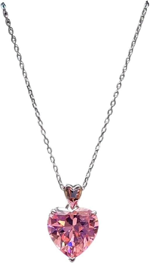 Pink Heart Necklace | 5 Carat Created Pink Diamond Necklace For Women | Genuine 925 Silver Non Tarnish Hypoallergenic 18 Inches