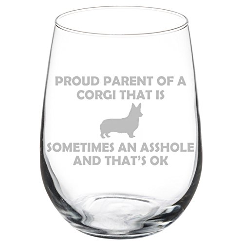 Calice da vino con scritta in inglese"Funny Proud Parent Corgi" 17 oz Stemless Glass