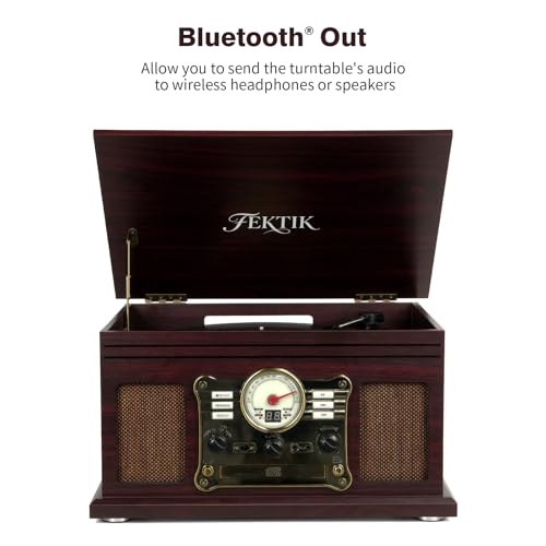 Image of FEKTIK Bluetooth Record Player 10 in 1, 3-Speed Belt-Drive Turntable with Speakers, Bluetooth Input & Output, CD, Cassette, FM Radio, Wireless Streaming