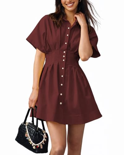 Shy Velvet Womens Mini Shirt Dress Casual Button Down Short Sleeve Collared Summer Dresses Burgundy