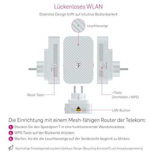 Telekom Speedport 7 Repeater – nur kompatibel mit Speedport 7 Router I Wi-Fi 7 fähiger WLAN-Verstärker I 6.400 Mbit/s, Mesh-Technologie I Ideal für TV in UHD & 4K I Plug & Play per WPS, LAN-Anschluss