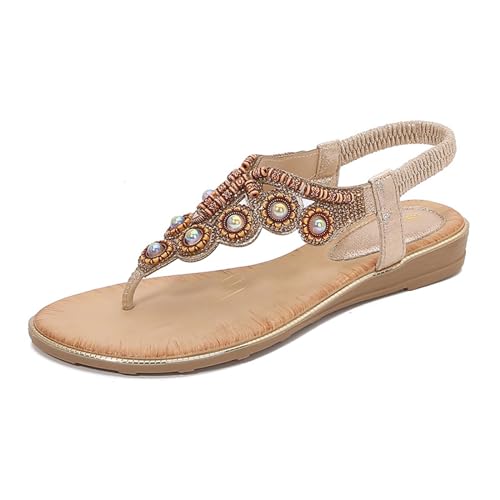 ZBYY Womens Summer Flats Sandals Casual Bohemian Dressy Thong Flat Shoes Comfort Slip on Elastic Ankle Strap Beach Sandals