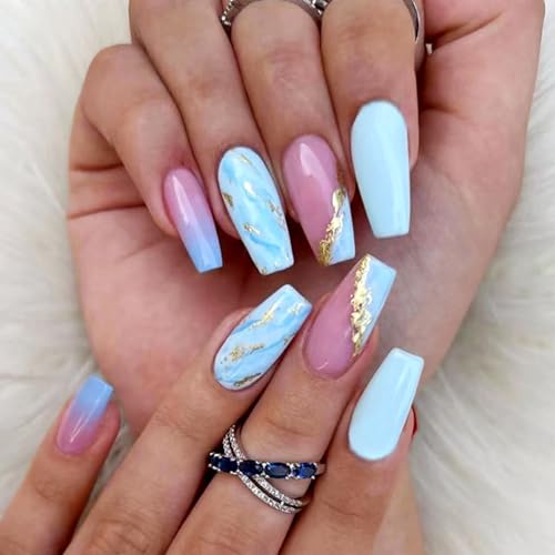 Summer Press on Nails Medium Coffin Fake Nails with Gold Lines De...