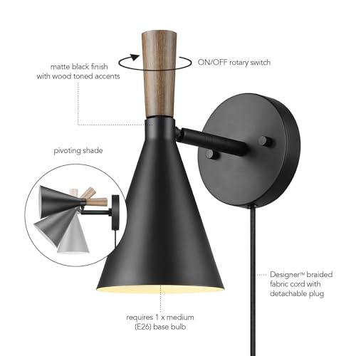 Image of Globe Electric Plug-in or Hardwire Wall Sconce, Matte Black, Wood-Tone Switch, Metal Shade, 6-Foot Cord, 65000101