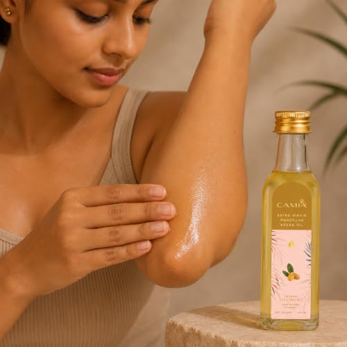 Image of CAMIA - Organic Moroccan Argan Oil for Skin & Hair | Premium Extra Virgin Cold Pressed Oil, 100% Natural | Argan Oil Improves Skin & Hair Elasticity & Provides Intense Hydration | 100 ML Glass Bottle