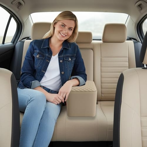 Image of Universal Car Rear Seat Armrest | Back Seat Hand Rest with Diamond Stich Design | Premium Leatherette Armrest for SUV, Sedan, Hatchback | Comfortable Travel Support (Beige)