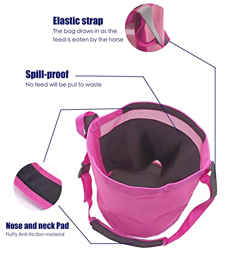 Gydoty Horse Feed Bag Grain - Heavy Duty Mesh Feed Bucket With Adjustable Strap,Comfort Neck Pad,Nose Pad And Waterproof Bottom Horse Muzzle Feed Bag(Medium,Pink) #TOP4