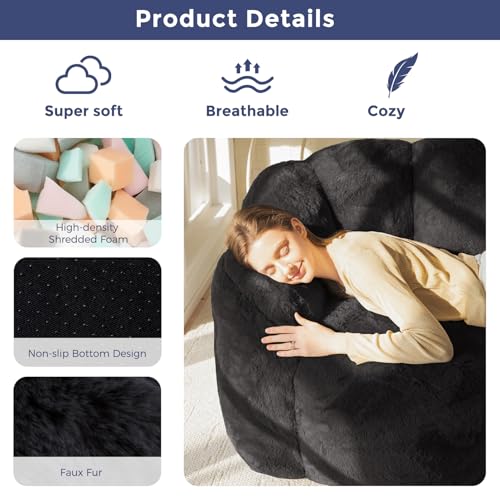 Image of MAXYOYO Bean Bag Chair for Adults, Loveseat Floral Shaped Bean Bag Sofa, Ultra Soft Love Seat Mini Sofa Couch, Faux Fur Reading Chair for Living Room Bedroom, Black