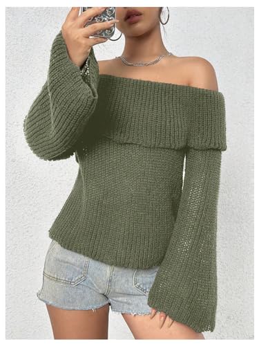 Image of MakeMeChic Women's Y2K Off The Shoulder Sweater Bell Sleeve Tops Fall Pullover Sweaters Lightweight Green Large