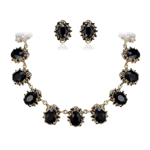 Image of Clearine Victorian Style Statement Necklace Pierced Earrings Jewellery Set for Women Crystal Floral Cameo Inspired Oval Party Prom Jewelry Black Antique-Gold-Tone