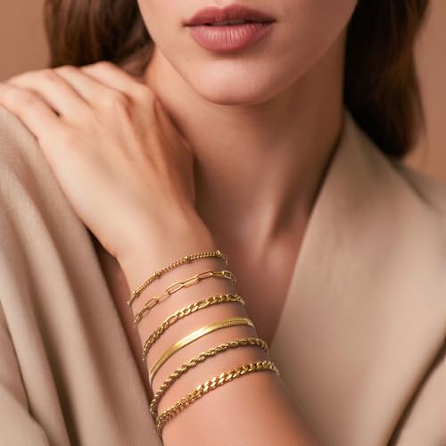 Gold Bracelet Stack for Women Non-Tarnish, 18K Gold Plated Stainless Steel Bracelets Set, Layered Cuban, Rope, Figaro, Herringbone, Satellite, Paperclip Chains, Dainty Jewelry Gifts, 6.5"+2"2