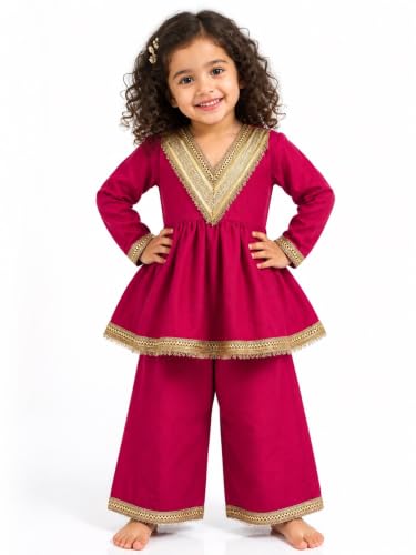 Image of JAGGU Girls Ethnic Kurta Palazzo Set | Kids Traditional Dress | Full Sleeve Peplum Kurti with Wide Leg Palazzo | Festive, Wedding & Party Outfit for Girls (Hot pink)
