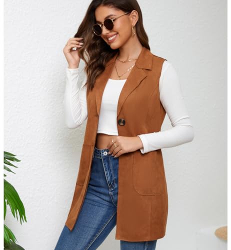 Women's Long Sleeveless Suede Vest Casual Lapel Open Front Duster Vest2