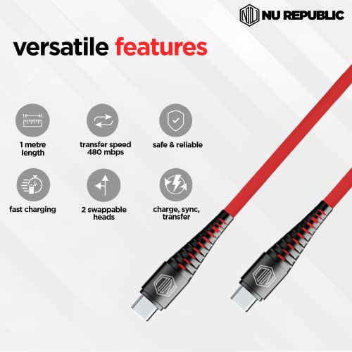 Image of Nu Republic Blaze Supersonic 65W Type-C to Type-C Cable 1 m Fast Charge Cable (Compatible with Mobile, Tablet, Laptop, Red, One Cable)