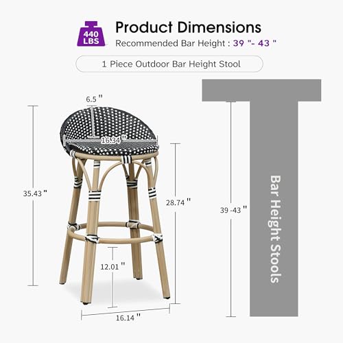Image of PURPLE LEAF Patio Oversized Backrest Bar Height Stool Set of 1 Outdoor Round Barstools Aluminum Frame in Champagne Finish Woven Rattan for Indoor Kitchen Dining Bistros Cafe Restaurant Black