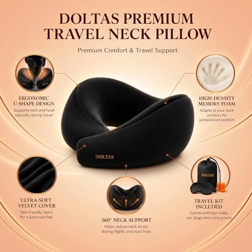 Image of DOLTAS Travel Neck Pillow - 100% Memory Foam Neck Support Pillow for Flight Travel, Adjustable Velcro Straps, Includes Eye Mask & Noise Isolating Ear Plugs with Free Travel Pouch | Velvet Black