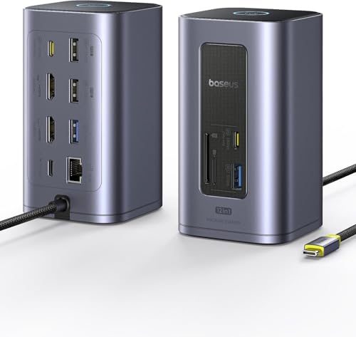 Baseus Nomos Air Mac 12 in 1 Docking Station, Dual Monitor Laptop Docking Station with 2K HDMI/DP, 10Gbps USB-C/A, 100W PD, USB C Docking Station Compatible for macOS, Displaylink Driver Required