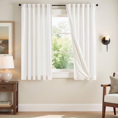 Image of jinchan White Floral Linen Curtains for Living Room 63 inch Back Tab 2 Panels