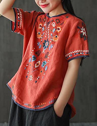 SeekMe Women's Cotton Linen Tops Embroidered Short Sleeve Peasant Boho Mexican Tunic Top Festival Casual Loose T Shirt4