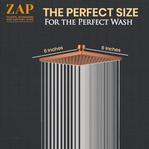 Image of ZAP OHSQ65 360 Degree Rotation Rose Gold Square Overhead Shower SUS304 Stainless Steel | Anti-MIcrobial Silicon Nozzle, Ultra Thin & Lightweight- 6 x 6 inch Showerhead with 15 Inch Rod