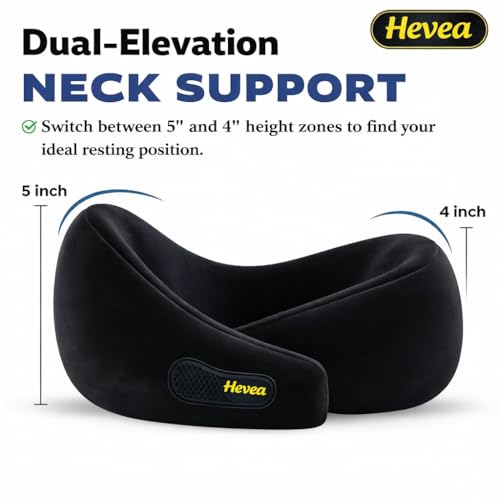 Image of HEVEA Travel Neck Pillow with Eye Mask,100% Memory Foam & 360 Degree Neck Support Pillow for Flight, Car, Bus,Train Travel, Adjustable Velcro, Washable Velvet Cover, Free Travel Pouch.. (Black)