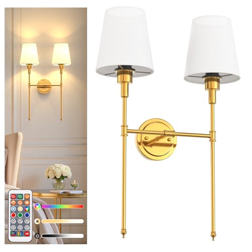 Image of DORESshop 2-Lights Battery Operated Wall Sconce, Gold Wireless Wall Light
