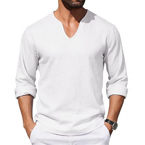 Generisch Camisa de manga larga para hombre, camisa de algodón, camisa de lino, informal, corte regular, camisa de verano, camisa vintage con botones, camisas cómodas para el tiempo libre, camisa de